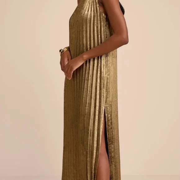 Lulus Averette Bronze Metallic Pleated One-shoulder Maxi Dress Gold Size L - Picture 2 of 10